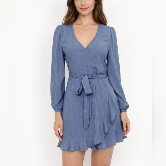 SO Dresses & Skirts - SO Woman's Faux Wrap Ruffle Hem Dress Blue Textured Long Sleeve Size Medium NEW